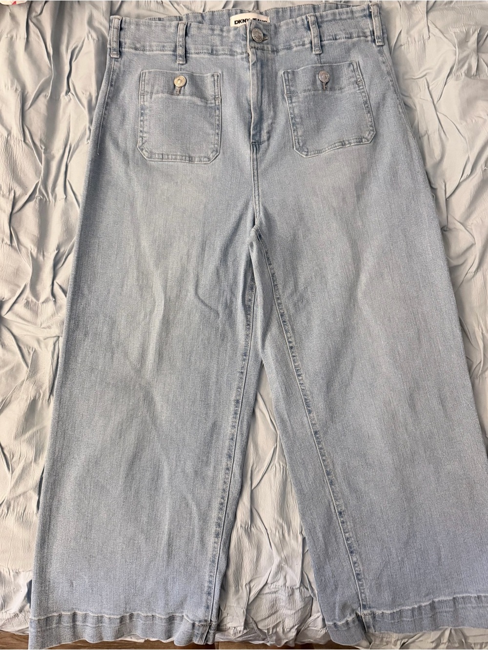 DKNY Light Blue Wide-Leg Jeans with Front Patch Pockets